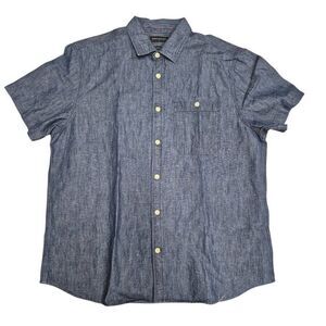 Banana Republic Men's Navy Cotton/Linen Chambray Short Sleeve Button Down Shirt